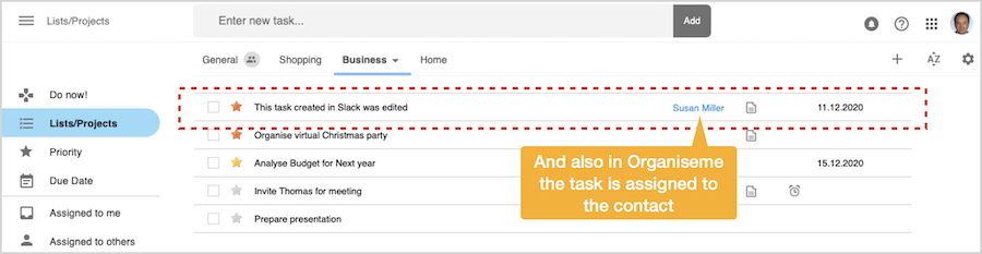 Assignment of task to contact / team member synchronized to Organiseme