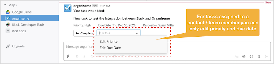 Limited action for tasks assigned to contact / team member