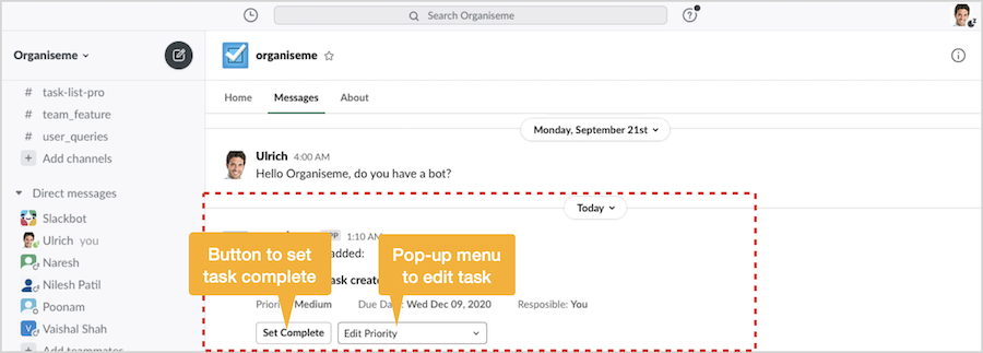 A task created in Slack displayed in Slack