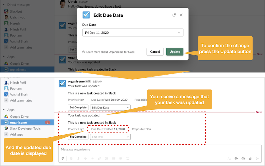 Due date was set or changed directly in Slack