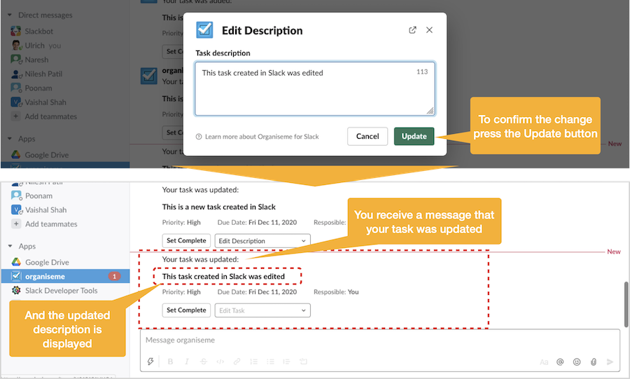 Task description was changed directly in Slack