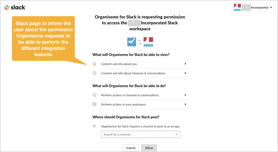 Slack page informing about data and actions Organiseme can perform on the user's Slack account