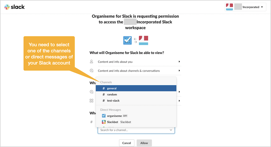 Select Slack channel for posts provided by Organiseme