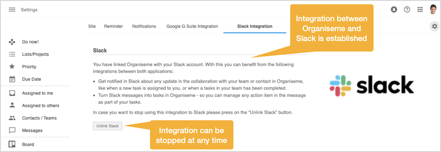 Organiseme settings page with linked Slack account