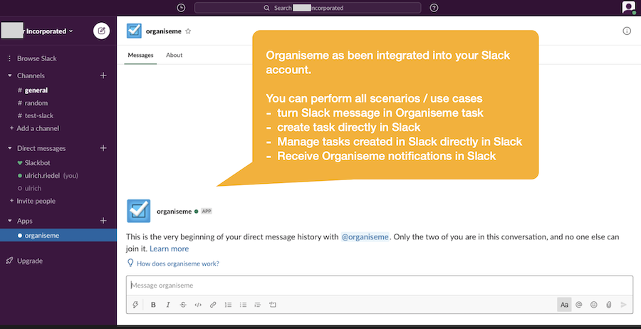 Slack account showing integration with Organiseme established