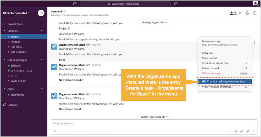 Select Create a task - Organiseme for Slack in message menu