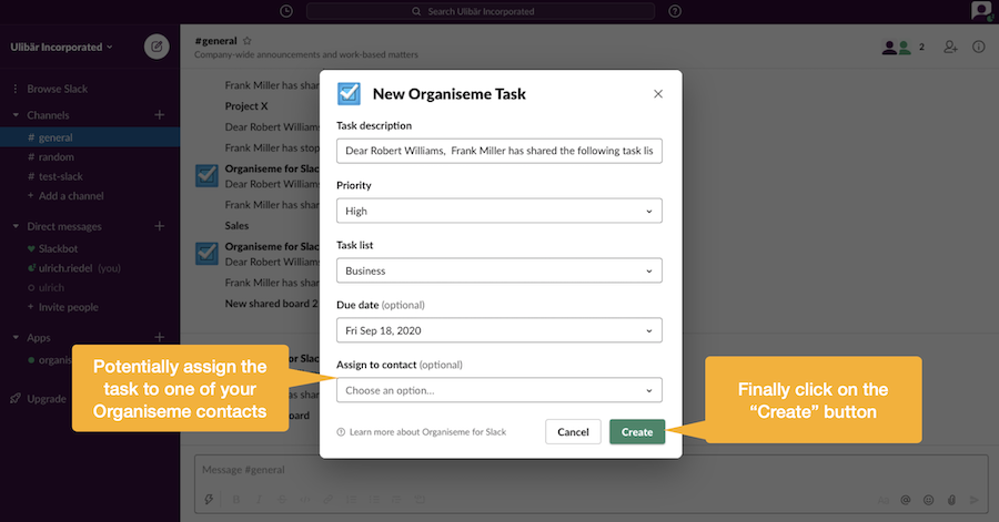 Assign task to Organiseme contact - and press the Create button