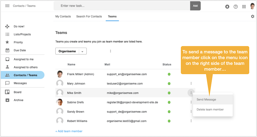 Initiate sending message to team member