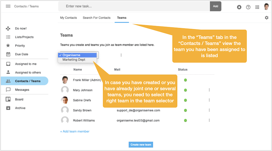 Switch between different teams