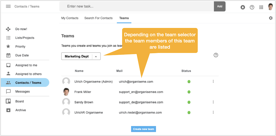 Switch between different teams