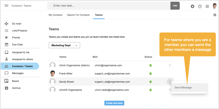 Initiate sending message to other team member